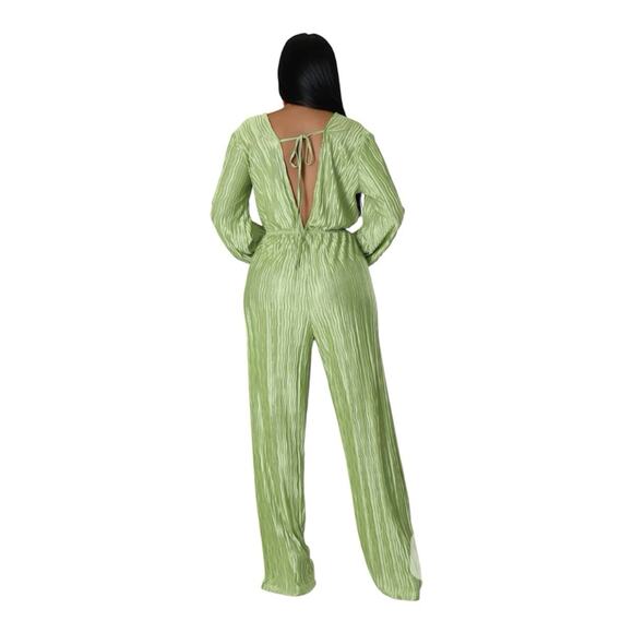 Hers & Mine Jumpsuit, Lime Green V-Neck Long Sleeve Straight Casual, Medium - Picture 2 of 6